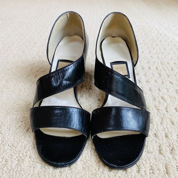 Vintage Nina Black Leather Slip On Shoes Unique D'Orsay Mid Heel Dressy Y2K 90's - Picture 6 of 11